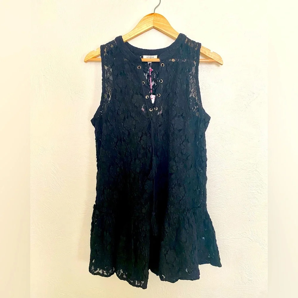 NWT Umgee Black Lace Boho Beach Oversized Cover up Mini Dress, Small